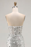 Sparkly Silver Strapless Corset Mermaid Long Prom Dress With Slit