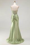 Green Mermaid Corset Ruched Satin Prom Dress with Slit