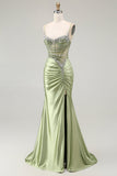 Green Mermaid Corset Ruched Satin Prom Dress with Slit