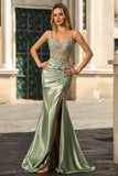 Green Mermaid Spaghetti Straps Corset Satin Ruched Long Prom Dress with Slit