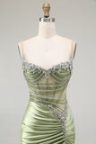Green Mermaid Corset Ruched Satin Prom Dress with Slit