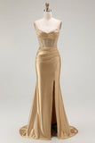 Golden Mermaid Spaghetti Straps Corset Pleated Long Prom Dress with Slit