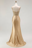 Golden Mermaid Spaghetti Straps Corset Pleated Long Prom Dress with Slit