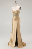 Golden Mermaid Spaghetti Straps Corset Pleated Long Prom Dress with Slit