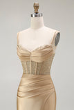 Golden Mermaid Spaghetti Straps Corset Pleated Long Prom Dress with Slit