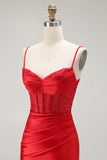 Red Mermaid Spaghetti Straps Corset Pleated Long Prom Dress with Slit