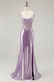 Lilac Mermaid Spaghetti Straps Appliqued Beaded Long Prom Dress with Slit