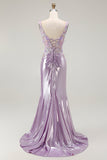 Lilac Mermaid Spaghetti Straps Appliqued Beaded Long Prom Dress with Slit