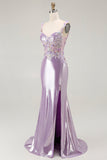 Lilac Mermaid Spaghetti Straps Appliqued Beaded Long Prom Dress with Slit