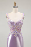 Lilac Mermaid Spaghetti Straps Appliqued Beaded Long Prom Dress with Slit