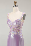 Lilac Mermaid Spaghetti Straps Appliqued Beaded Long Prom Dress with Slit