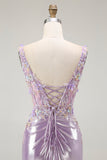 Lilac Mermaid Spaghetti Straps Appliqued Beaded Long Prom Dress with Slit