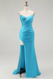 Sparkly Blue Strapless Mermaid Pleated Long Prom Dress with Slit