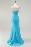 Sparkly Blue Strapless Mermaid Pleated Long Prom Dress with Slit