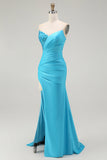Sparkly Blue Strapless Mermaid Pleated Long Prom Dress with Slit