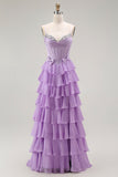 Purple A-Line Beaded Corset Tiered Ruffle Long Prom Dress with Lace Up Back