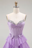 Purple A-Line Beaded Corset Tiered Ruffle Long Prom Dress with Lace Up Back