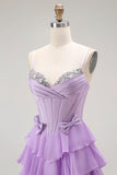 Purple A-Line Beaded Corset Tiered Ruffle Long Prom Dress with Lace Up Back