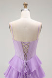 Purple A-Line Beaded Corset Tiered Ruffle Long Prom Dress with Lace Up Back