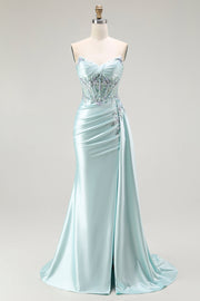 Light Green Mermaid Strapless Corset Beaded Long Prom Dress with Streamer