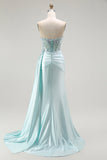 Light Green Mermaid Strapless Corset Beaded Long Prom Dress with Streamer