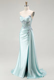Light Green Mermaid Strapless Corset Beaded Long Prom Dress with Streamer