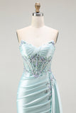 Light Green Mermaid Strapless Corset Beaded Long Prom Dress with Streamer