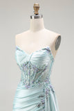 Light Green Mermaid Strapless Corset Beaded Long Prom Dress with Streamer