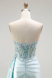 Light Green Mermaid Strapless Corset Beaded Long Prom Dress with Streamer