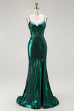 Dark Green Mermaid Metallic Pleated Corset Long Prom Dress with Slit