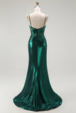 Dark Green Mermaid Metallic Pleated Corset Long Prom Dress with Slit