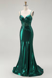 Dark Green Mermaid Metallic Pleated Corset Long Prom Dress with Slit