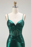 Dark Green Mermaid Metallic Pleated Corset Long Prom Dress with Slit