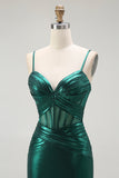 Dark Green Mermaid Metallic Pleated Corset Long Prom Dress with Slit