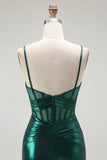 Dark Green Mermaid Metallic Pleated Corset Long Prom Dress with Slit