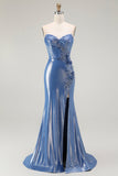 Mermaid Corset Sequins Sweetheart Beaded Blue Prom Dress With Slit
