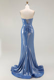 Mermaid Corset Sequins Sweetheart Beaded Blue Prom Dress With Slit