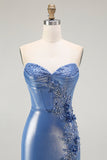 Mermaid Corset Sequins Sweetheart Beaded Blue Prom Dress With Slit