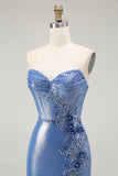 Mermaid Corset Sequins Sweetheart Beaded Blue Prom Dress With Slit