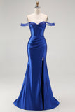 Royal Blue Mermaid Off The Shoulder Corset Long Prom Dress with Beading