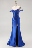 Royal Blue Mermaid Off The Shoulder Corset Long Prom Dress with Beading