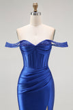 Royal Blue Mermaid Off The Shoulder Corset Long Prom Dress with Beading