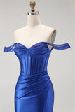 Royal Blue Mermaid Off The Shoulder Corset Long Prom Dress with Beading