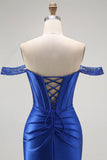 Royal Blue Mermaid Off The Shoulder Corset Long Prom Dress with Beading