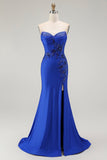 Royal Blue Mermaid Strapless Lace Up Back Beaded Long Prom Dress with Slit