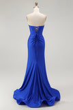 Royal Blue Mermaid Strapless Lace Up Back Beaded Long Prom Dress with Slit