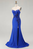 Royal Blue Mermaid Strapless Lace Up Back Beaded Long Prom Dress with Slit