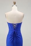 Royal Blue Mermaid Strapless Lace Up Back Beaded Long Prom Dress with Slit