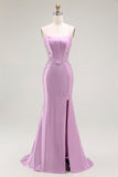 Purple Mermaid Spaghetti Straps Corset Long Prom Dress with Slit