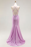 Purple Mermaid Spaghetti Straps Corset Long Prom Dress with Slit